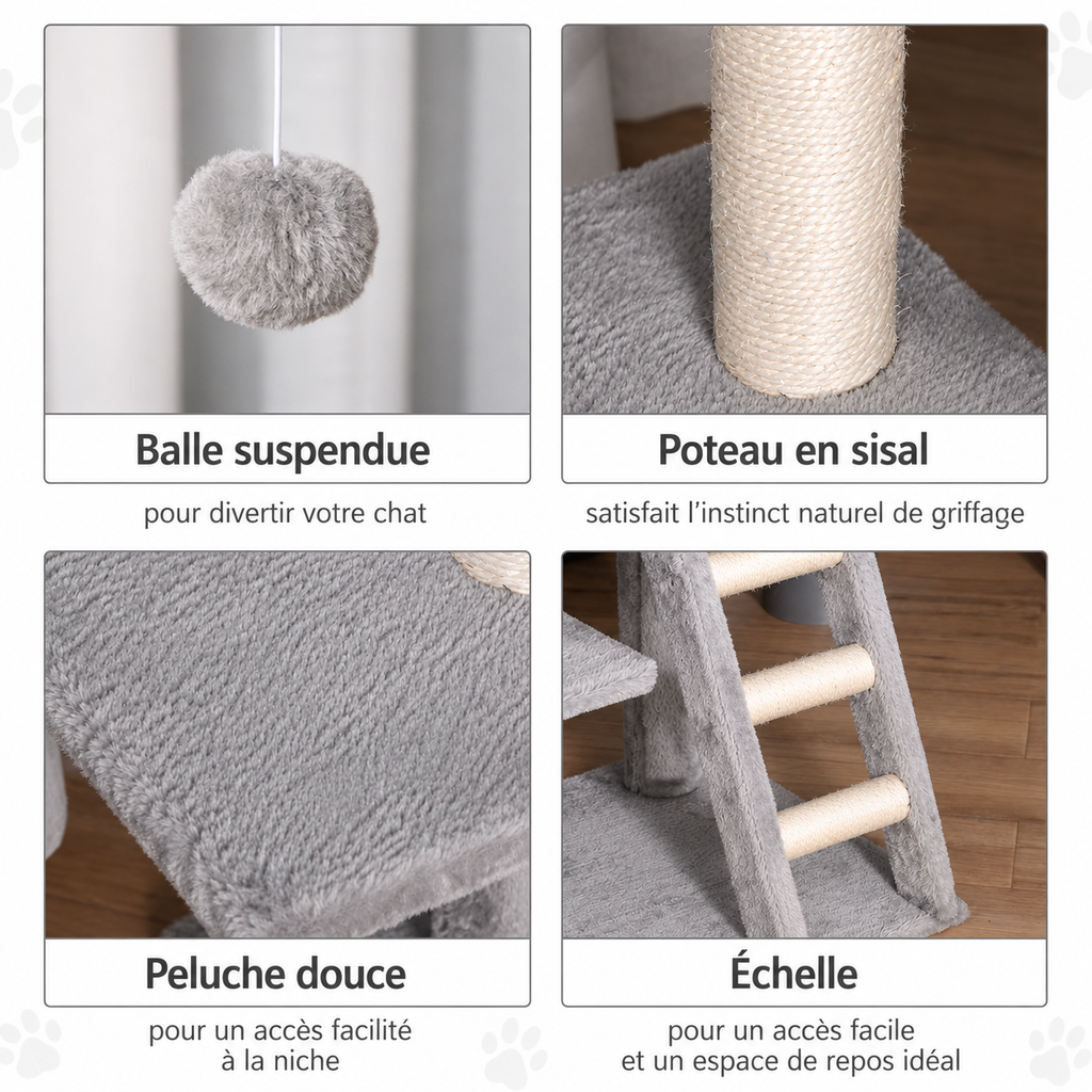 Arbre à Chat Bois Gris 120 cm – 3 niveaux