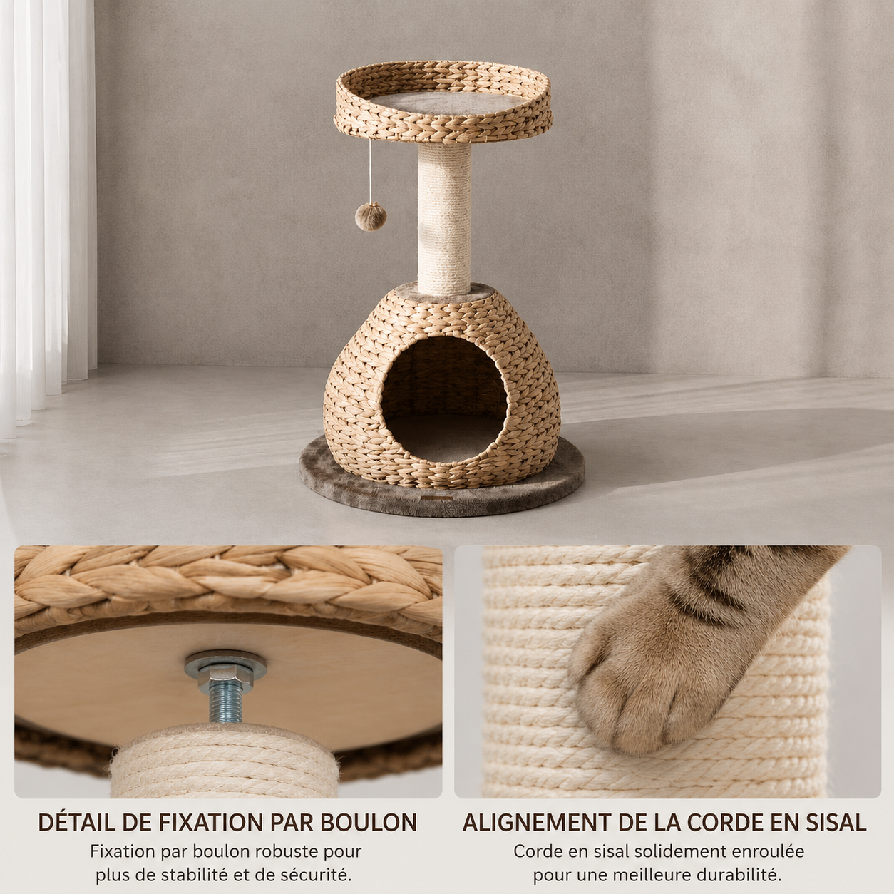 Arbre à Chat Bois Naturel et Rotin - 71 cm