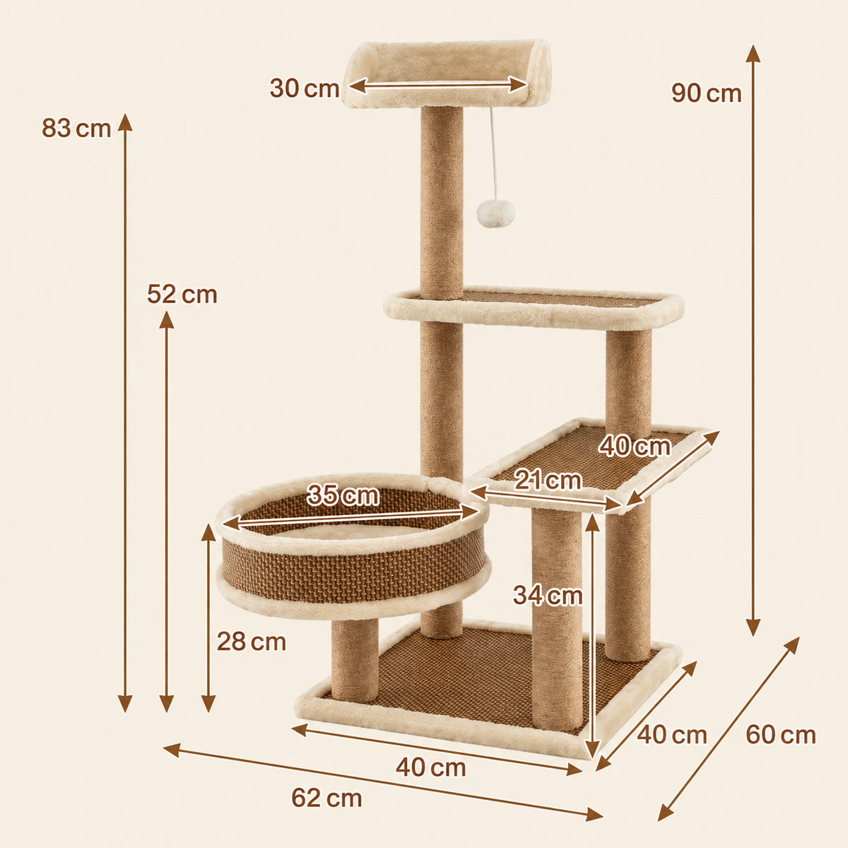 Arbre à Chat Bois Multiplateformes – 90 cm