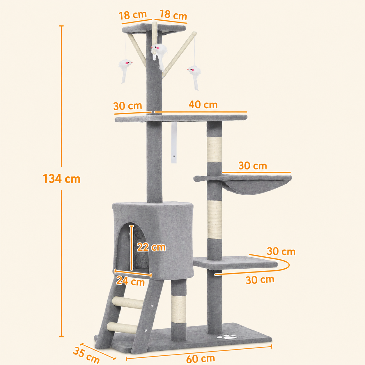 Arbre à Chat Gris Multiplateformes 134 cm – 3 niveaux