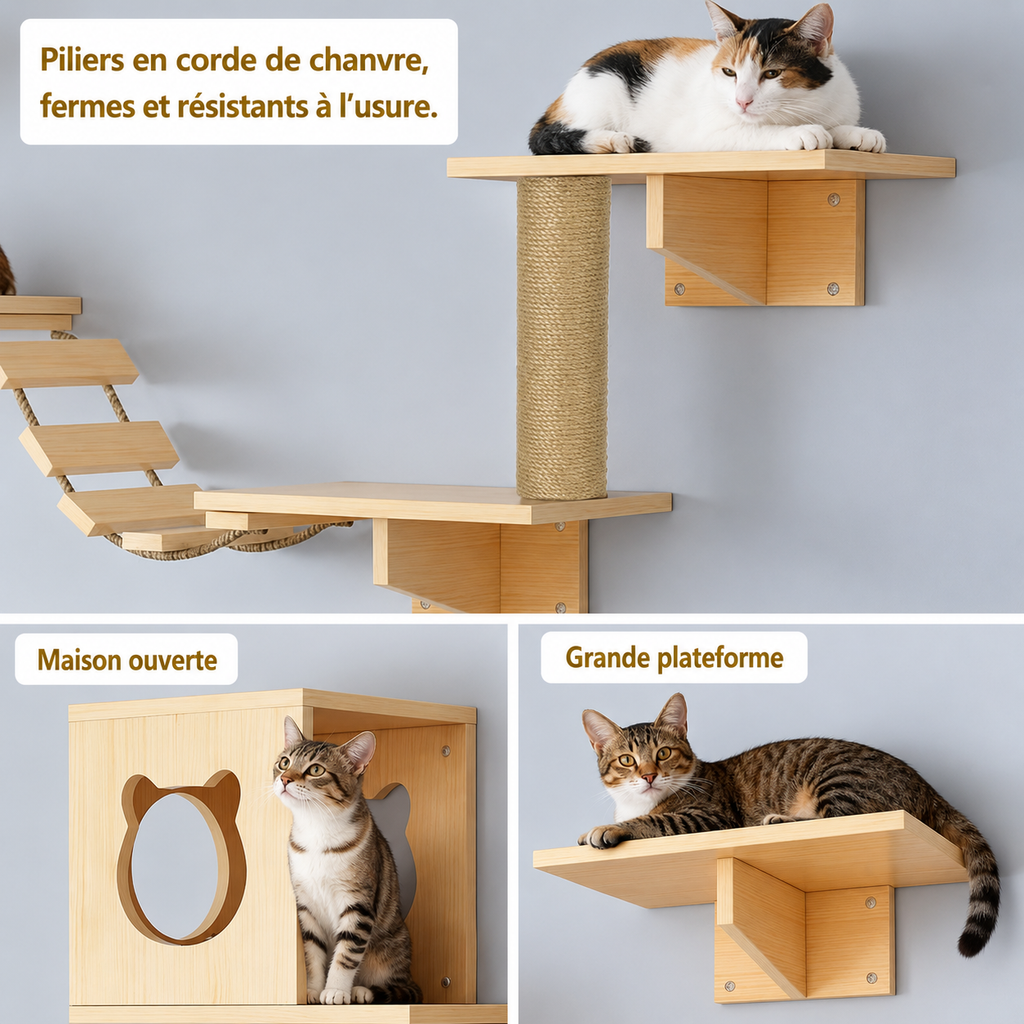 Arbre à Chat Mural Bois Massif (naturel)