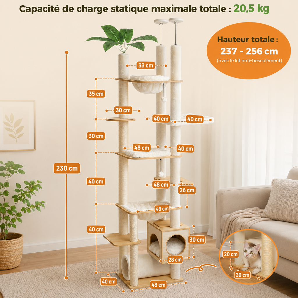 Arbre à Chat Sol-Plafond Bois – 256 cm