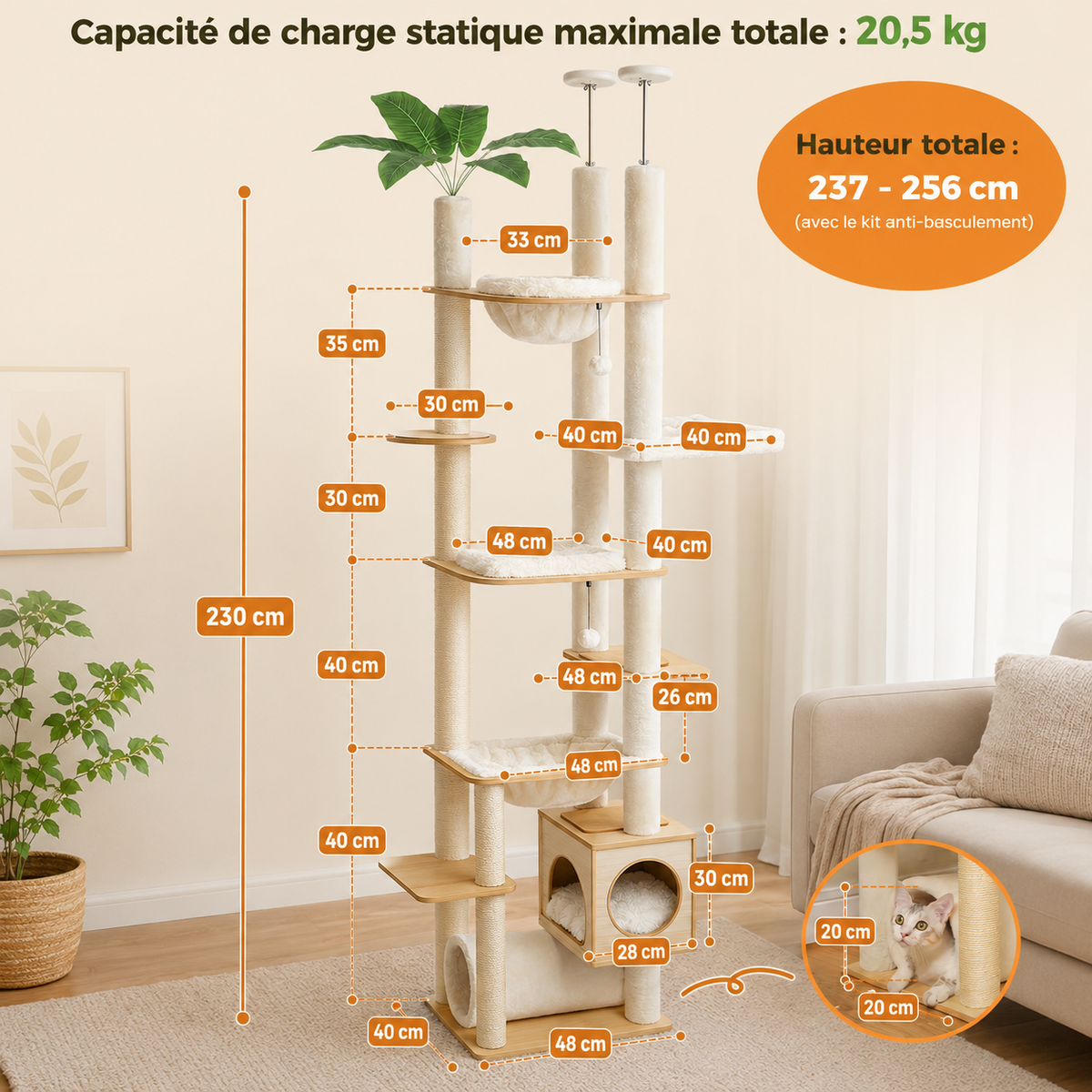 Arbre à Chat Sol-Plafond Bois – 256 cm