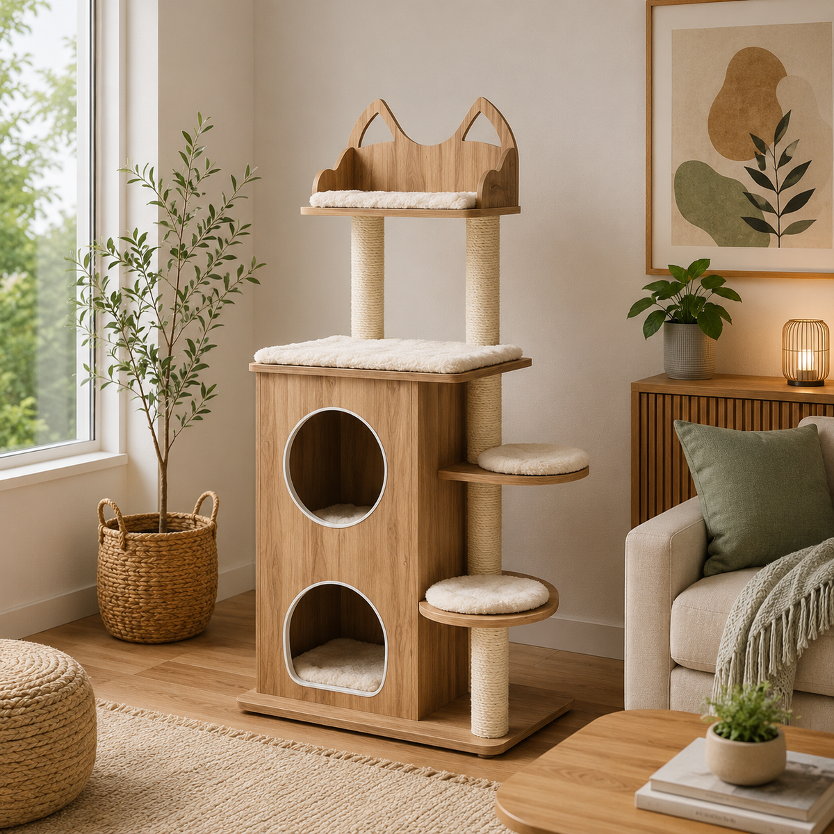 Arbre à Chat Luxe Bois Naturel – 3 niveaux