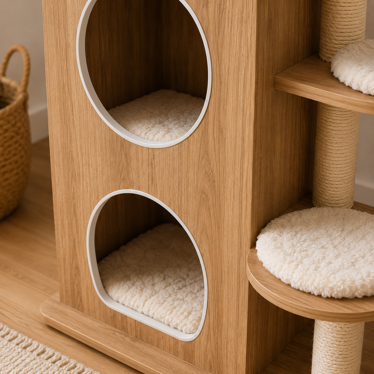 Arbre à Chat Luxe Bois Naturel – 3 niveaux
