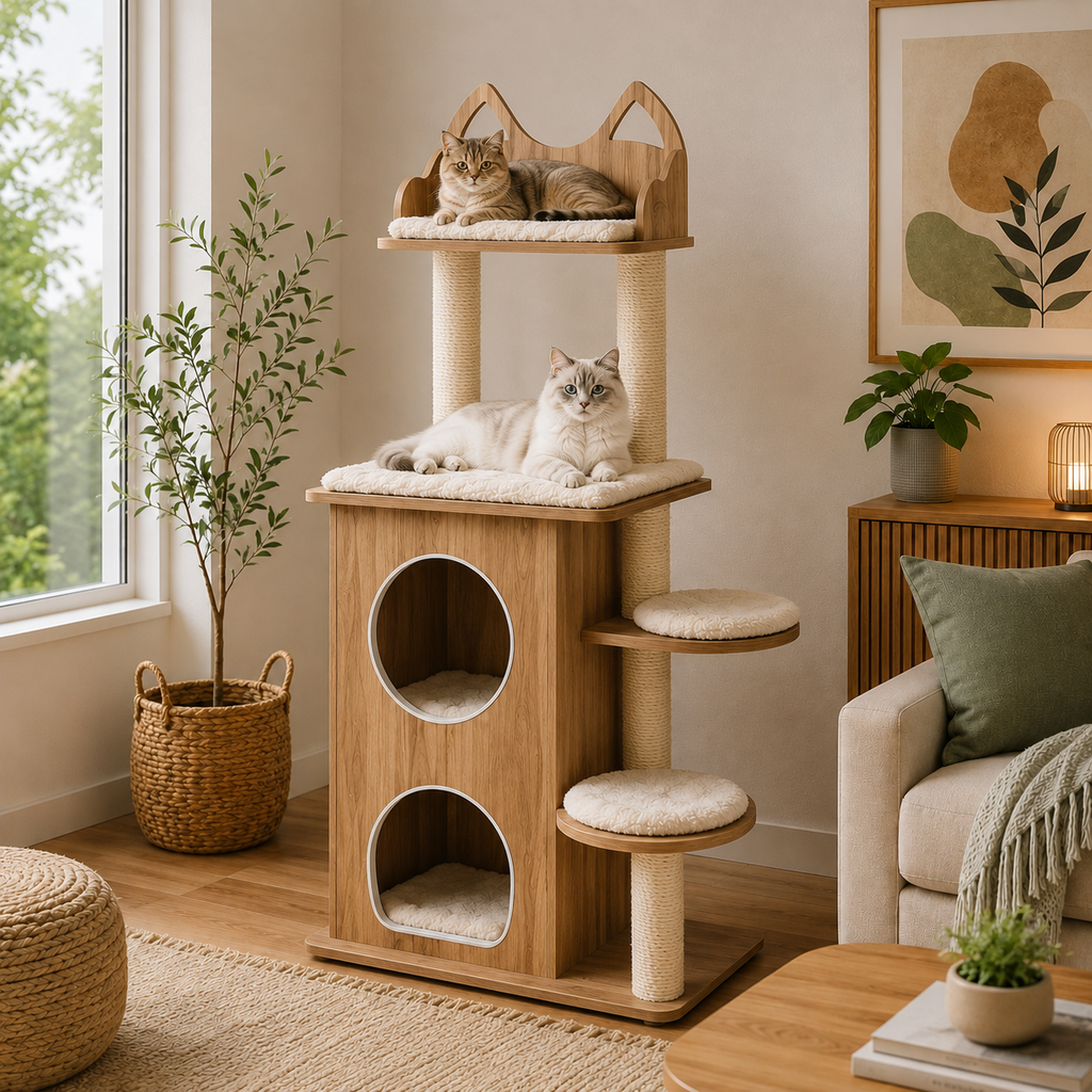 Arbre à Chat Luxe Bois Naturel – 3 niveaux