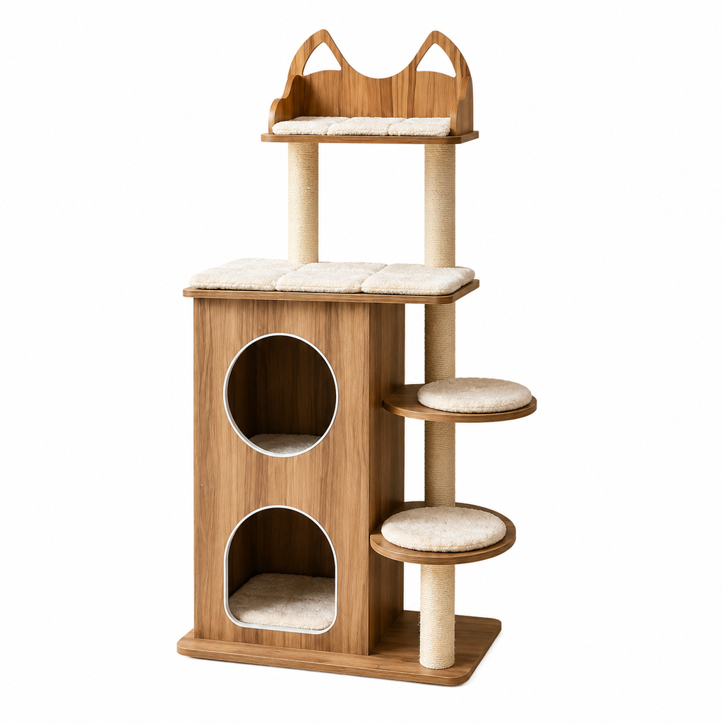 Arbre à Chat Luxe Bois Naturel – 3 niveaux