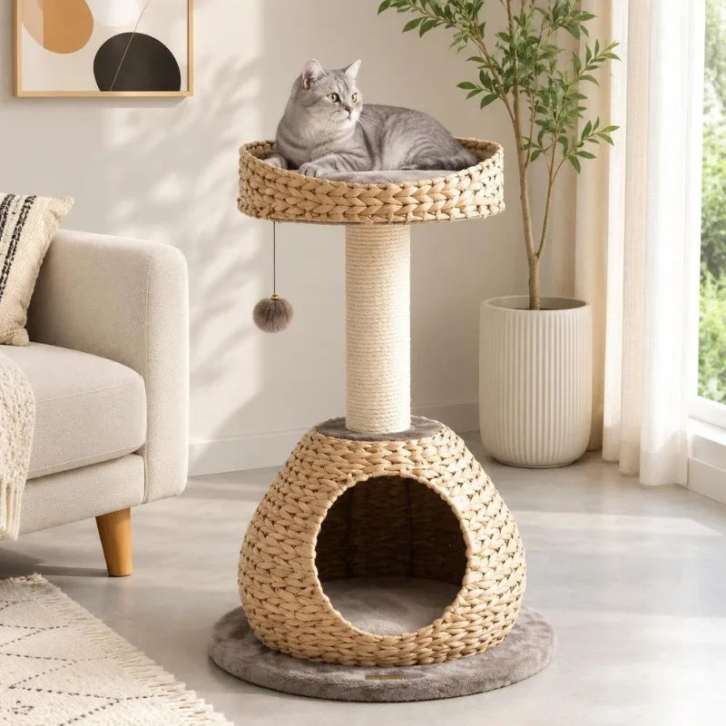 Arbre à Chat Bois Naturel et Rotin - 71 cm