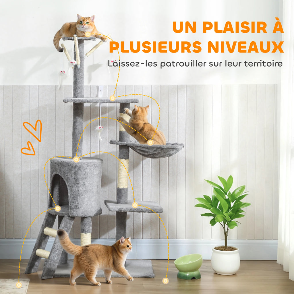 Arbre à Chat Gris Multiplateformes 134 cm – 3 niveaux