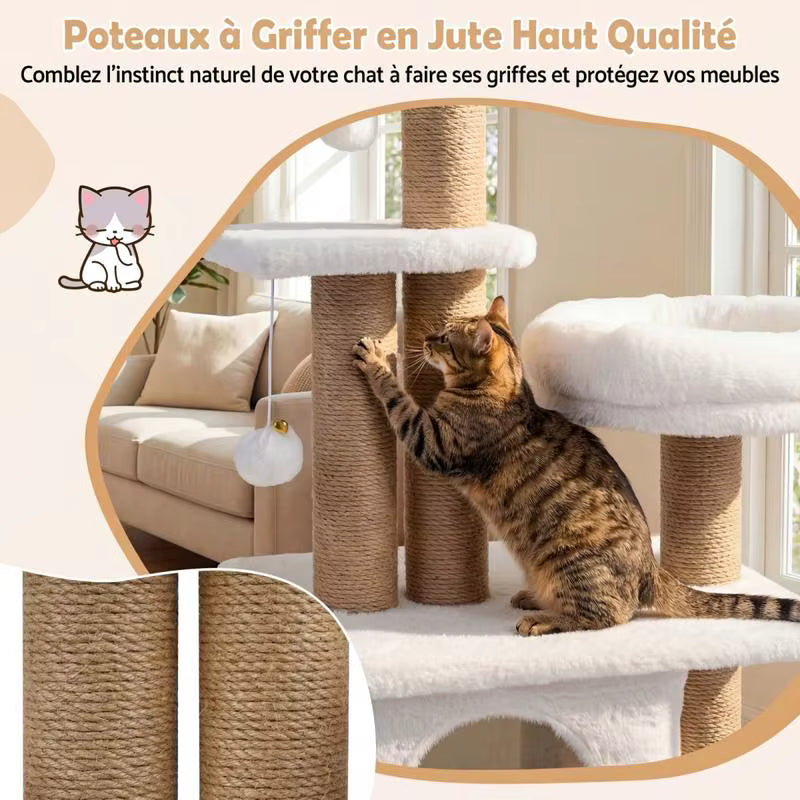 Arbre à Chat Fleur 96 cm - Blanc et Beige
