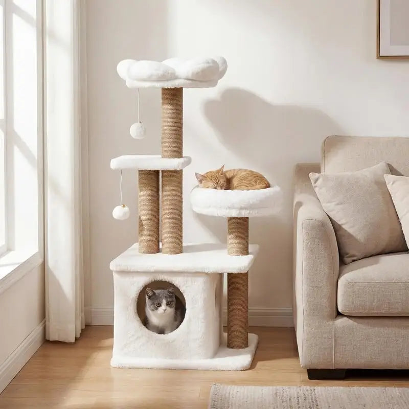 Arbre à Chat Fleur 96 cm - Blanc et Beige