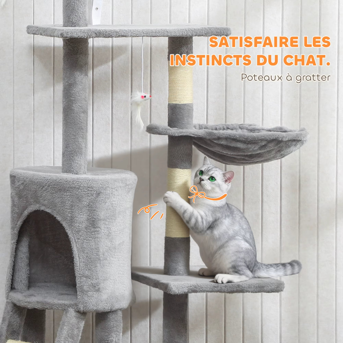 Arbre à Chat Gris Multiplateformes 134 cm – 3 niveaux