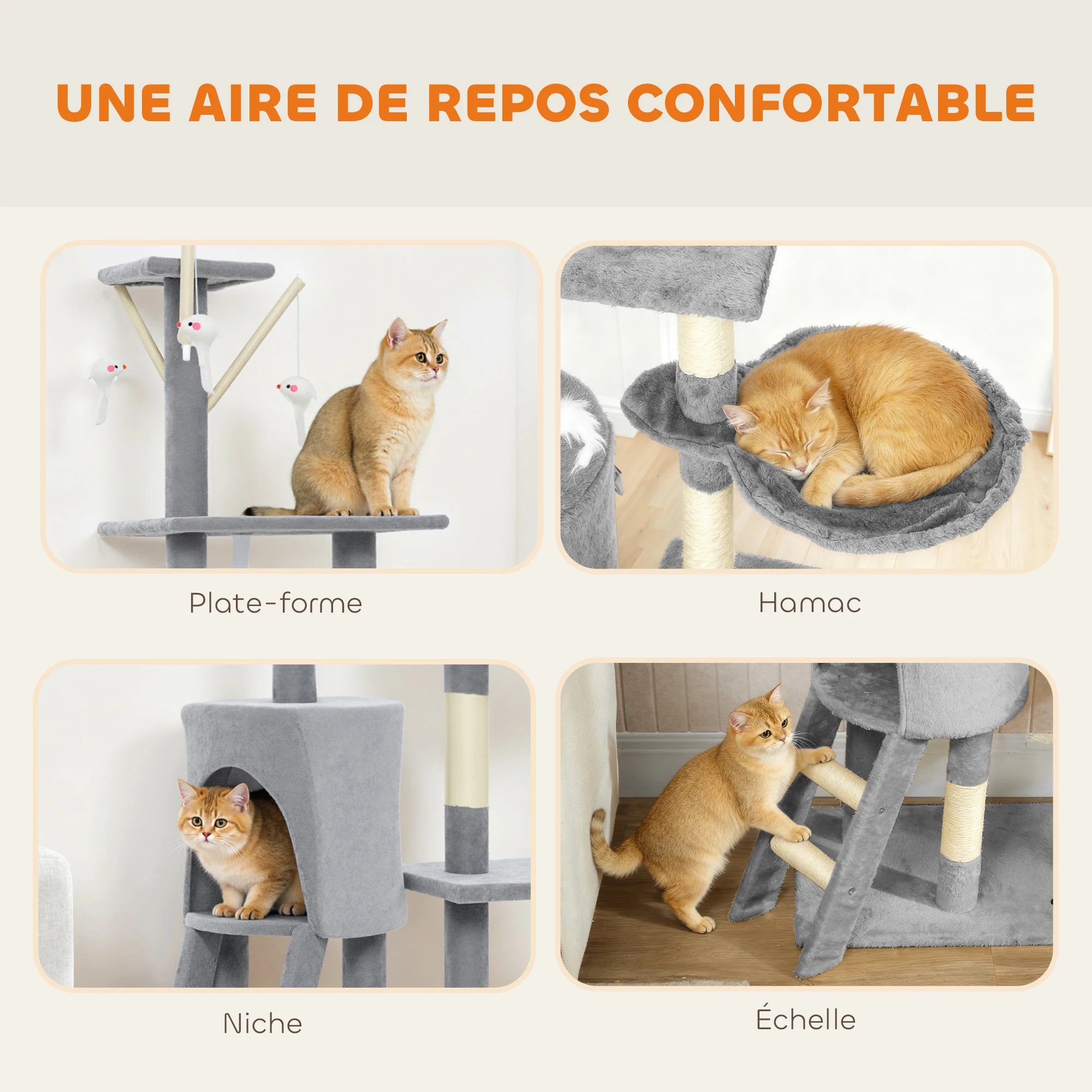 Arbre à Chat Gris Multiplateformes 134 cm – 3 niveaux
