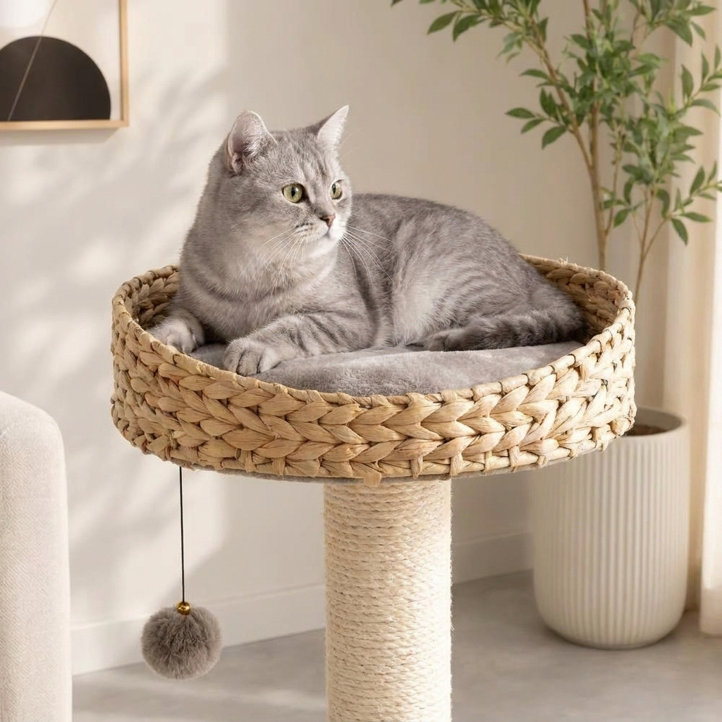 Arbre à Chat Bois Naturel et Rotin - 71 cm