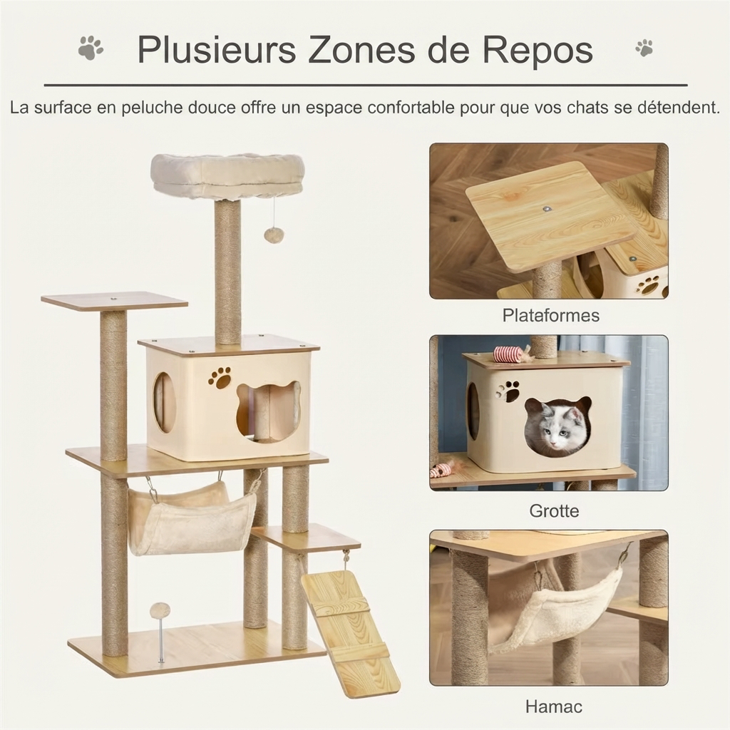 Arbre à Chat Luxe En Bois – 130 cm